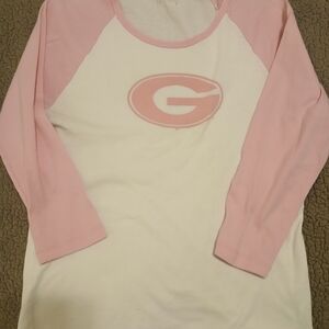 White and Pink Long Sleeve Tee with Bold Letter G